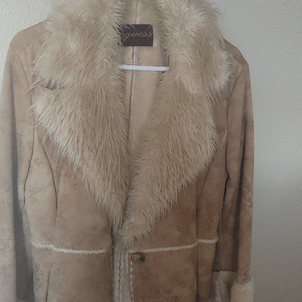 Guess Tan Teddy Jacket Plush Collar
